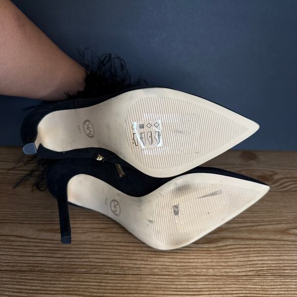 Michael Kors Black Suede Feather Trim Whitby Heeled Pointed Toe Booties Women 10 - Picture 9 of 11